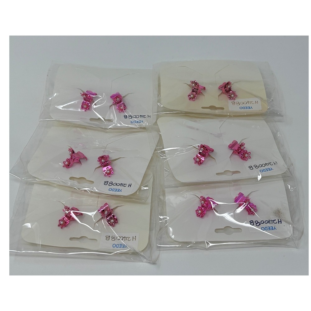 Metallic Pink Mini Flower Pearl Hair Claw Clips 6 Pair H211008B